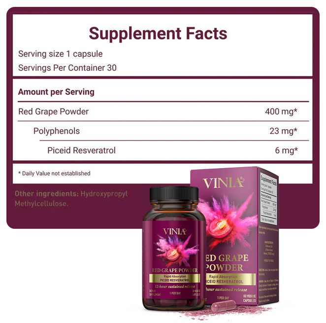 VINIA Piceid Resveratrol Supplement Capsules.  30 Count
